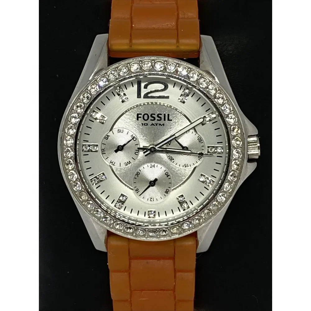 Fossil ES3202 Women Orange Rubber Analog Silver Dial Quartz Genuine Watch HK1018